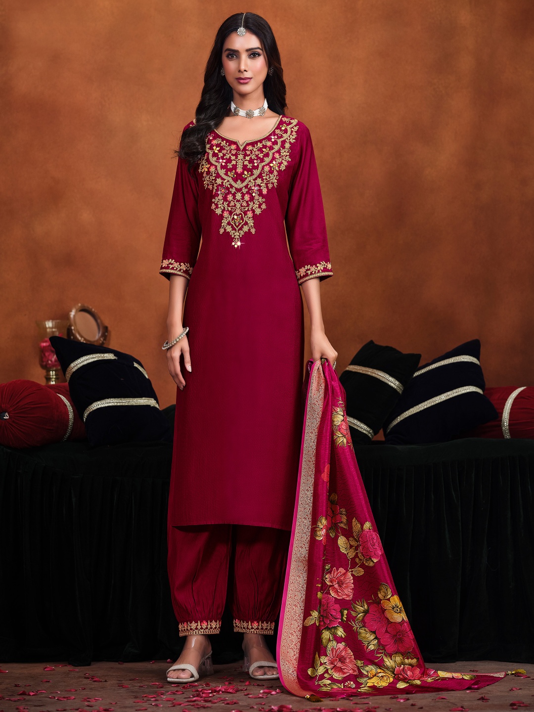 

MOJILAA Women Embroidered Mirror Work Straight Kurta With Afghani Salwar & Printed Dupatta, Maroon