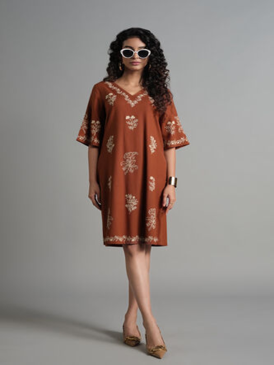 

AND Floral Print A-Line Dress, Brown