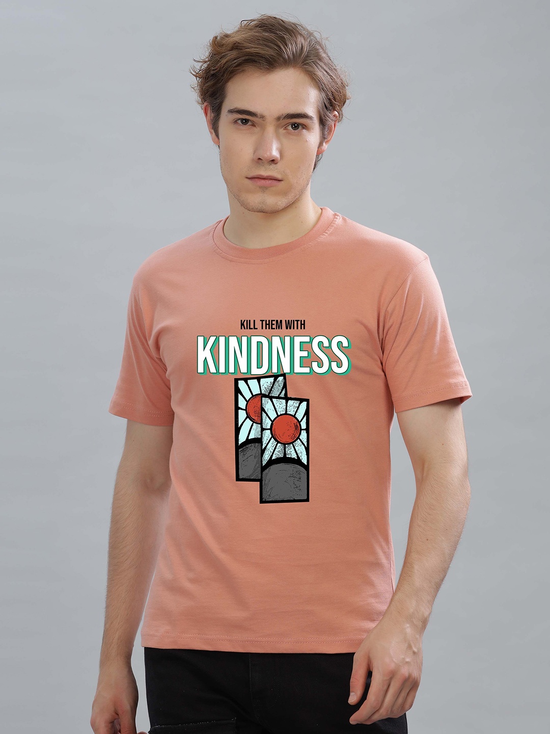

FALTU.CO Men Printed Drop-Shoulder Sleeves Pure Cotton T-shirt, Peach