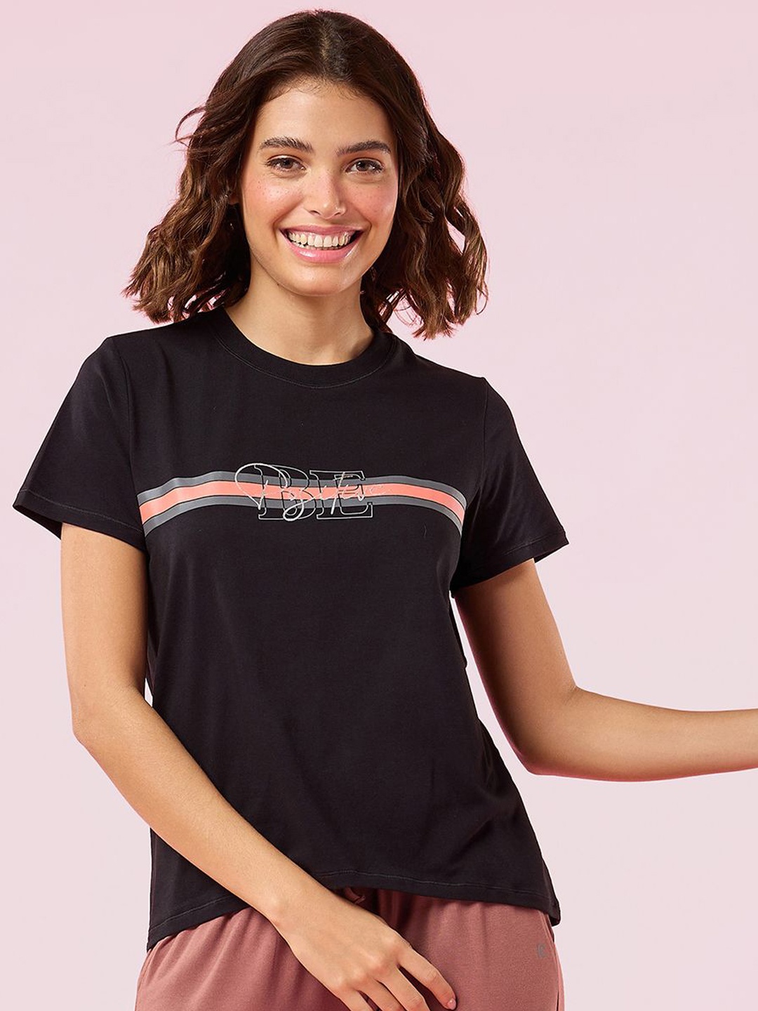 

Enamor Striped Crew Neck Stretch High-Low Lounge T-Shirt, Black