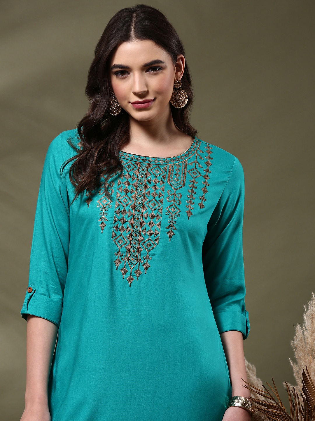 

Alena Women Embroidered Flared Sleeves Mirror Work Kurta, Turquoise blue