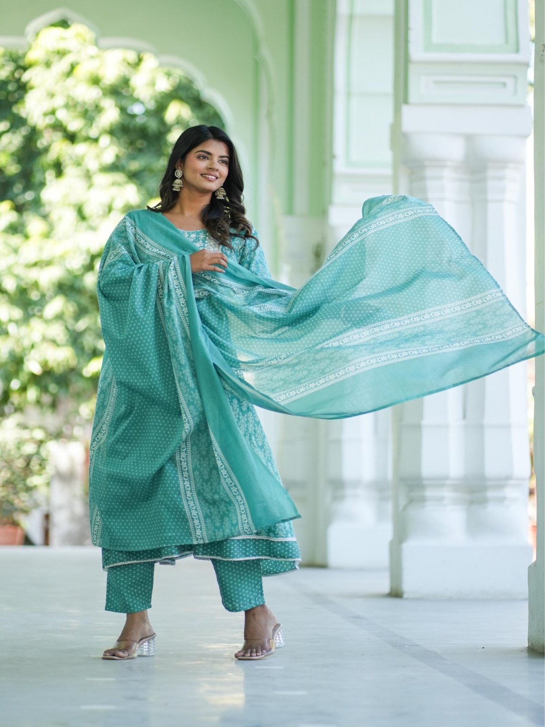 

Moda Rapido Women Embroidered Regular Thread Work Pure Cotton Kurta with Trousers & With Dupatta, Teal