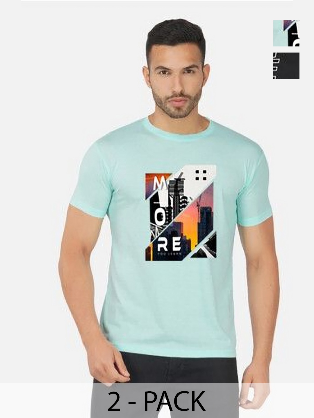 

GLOBAL NOMAD Men 2 Printed Bio Finish Applique T-shirt, Turquoise blue