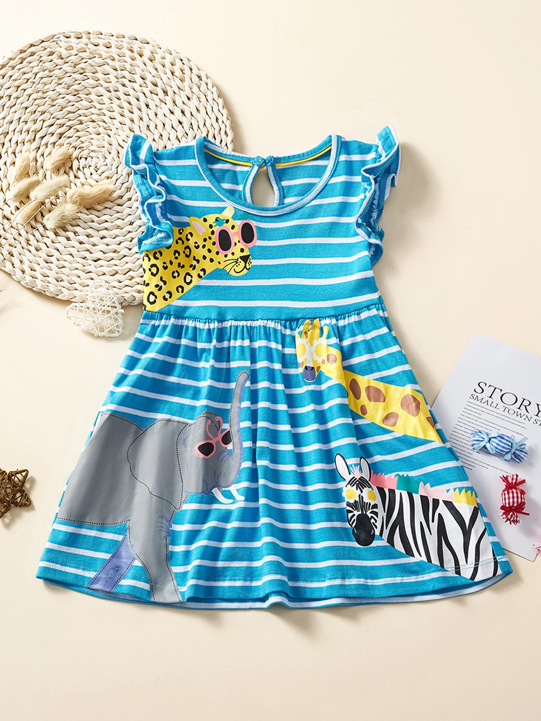 

YK Striped Flutter Sleeve Fit & Flare Dress, Blue
