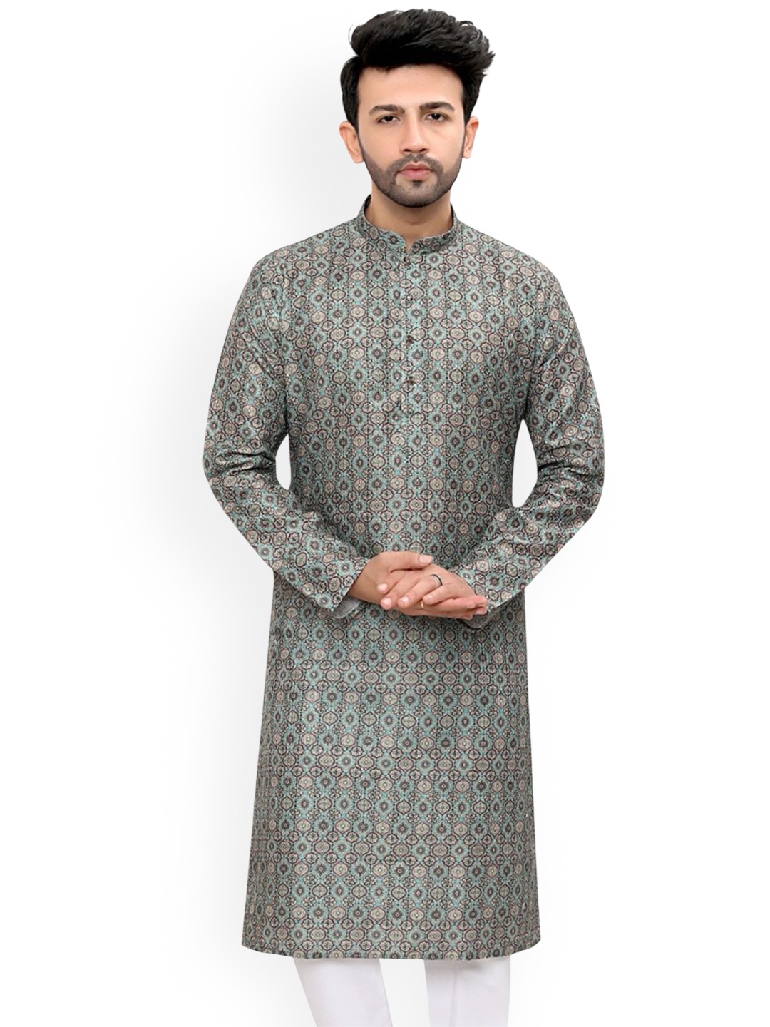 

Authentics Ethnic Motifs Printed Mandarin Collar Art Silk Straight Kurta, Green