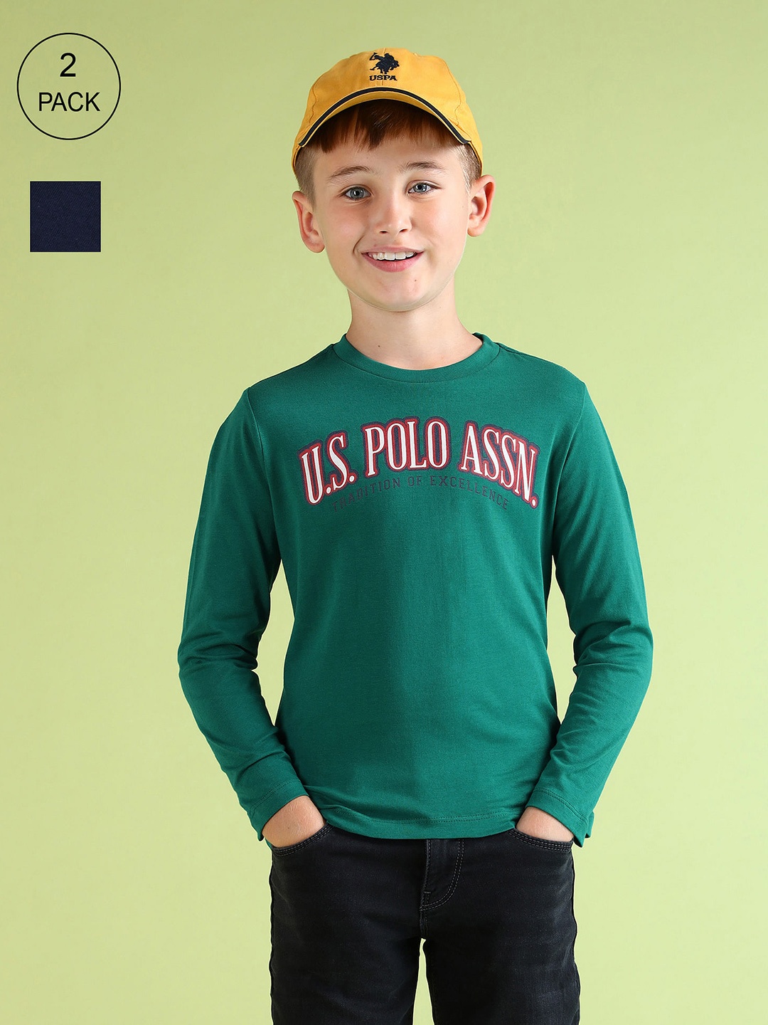 

U.S. Polo Assn. Kids Boys Set of 2 Brand Logo Printed Pure Cotton T-shirts, Green