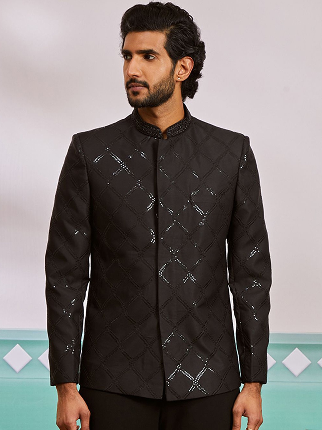 

Vastramay Mandarin Collar Embroidered Sequined Bandhgala Blazer, Black