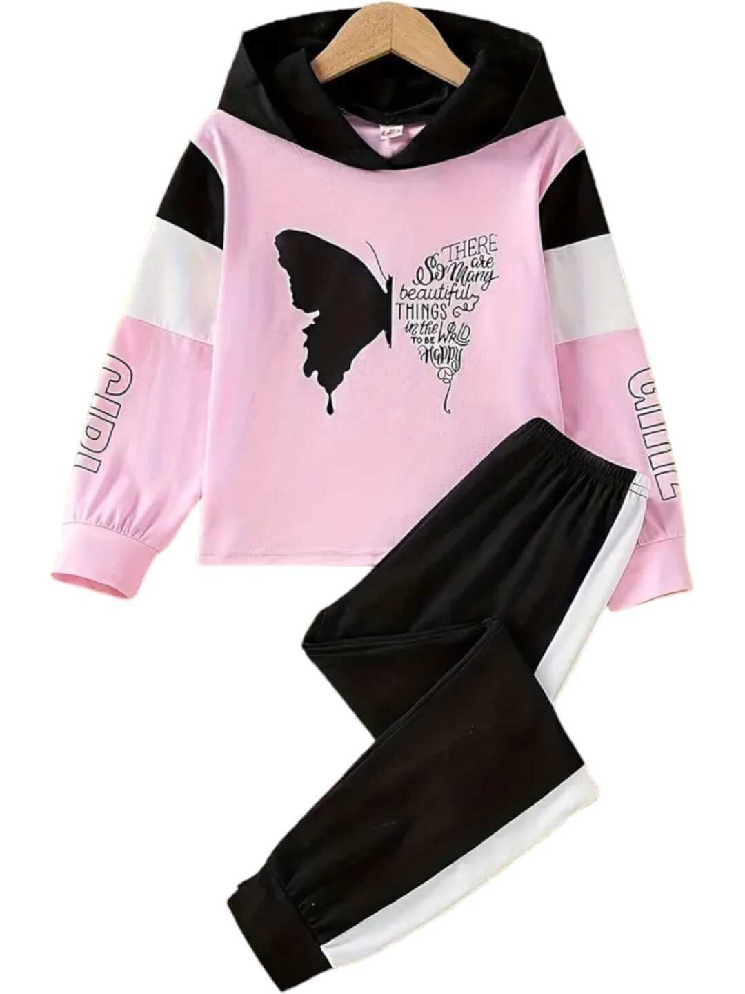 

KEESOR Girls Printed Hooded Sweatshirt With Joggers, Pink