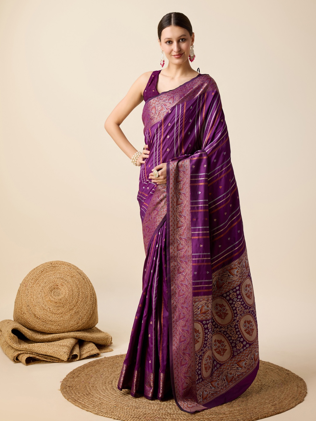 

Rangtulika Ethnics Woven Design Zari Silk Blend Banarasi Saree, Purple