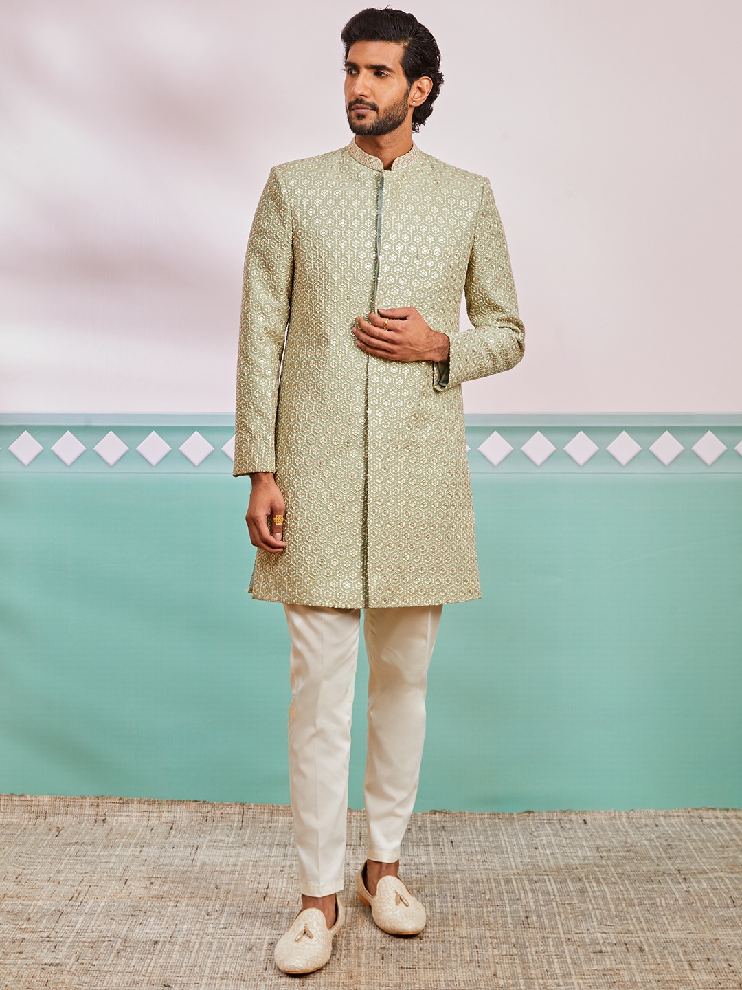 

VASTRAMAY Embroidered Sherwani With Trouser Set, Green