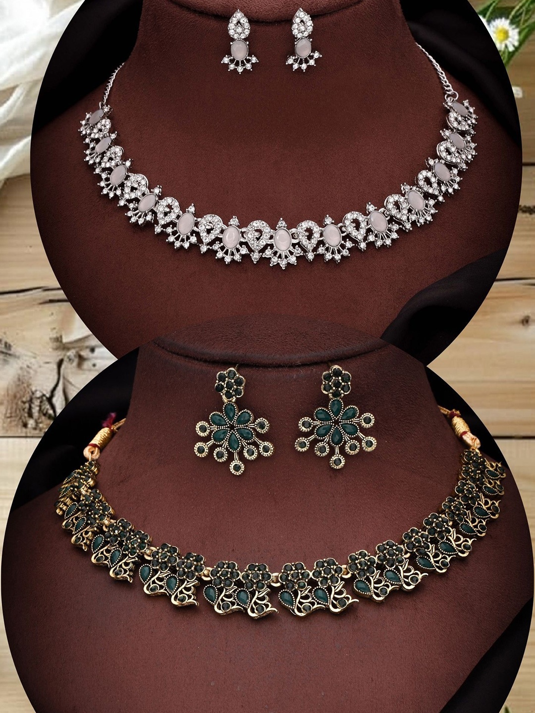 

DIVASTRI Set Of 2 Silver-Plated American Diamond Stone Studded Jewellery Sets