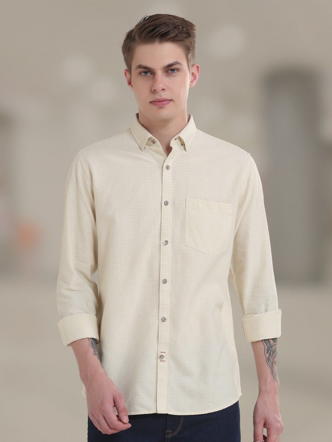 

TURMS Anti Stain Anti Odor Water Repellent Cotton Checked Shirt, Beige