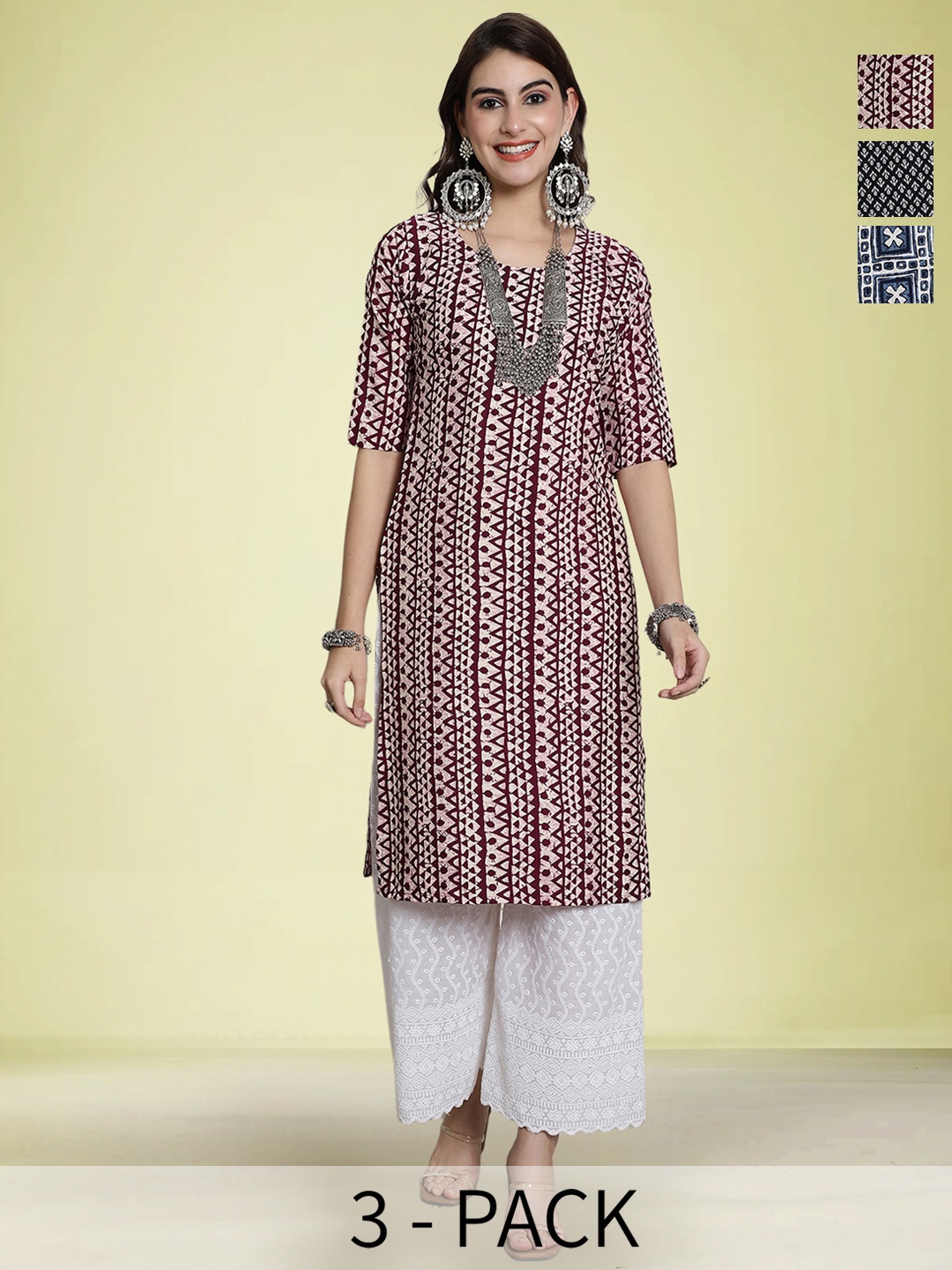 

Moda Rapido Selection Of 3 Geometric Printed Round Neck Straight Kurta, Maroon