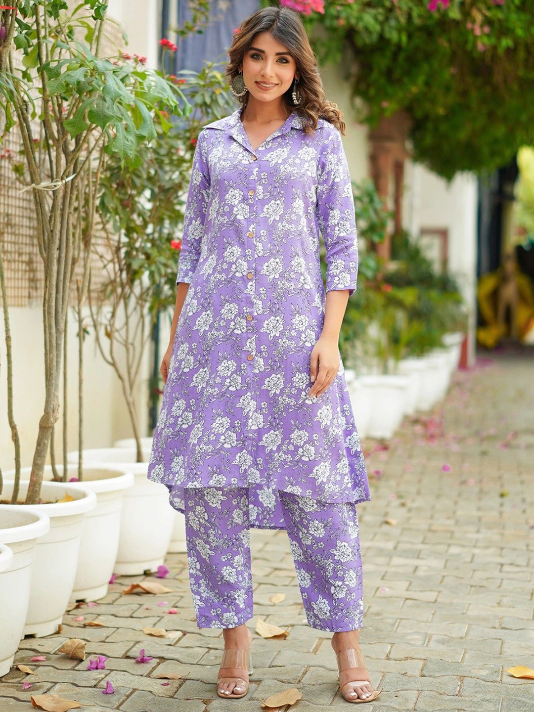 

Jade & Julie Printed Pure Cotton Top & Trousers Co-Ords, Lavender