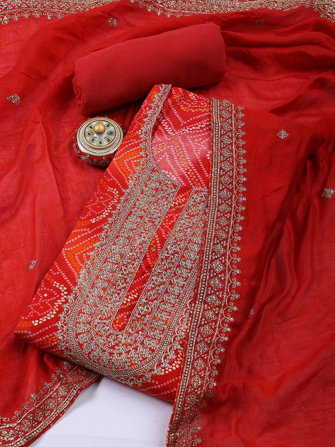 

Meena Bazaar Printed Unstitched Dress Material, Red