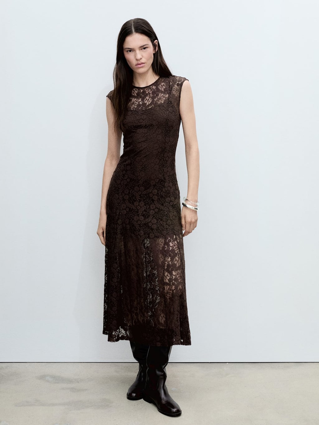

MANGO Floral Lace A-Line Midi Dress, Brown