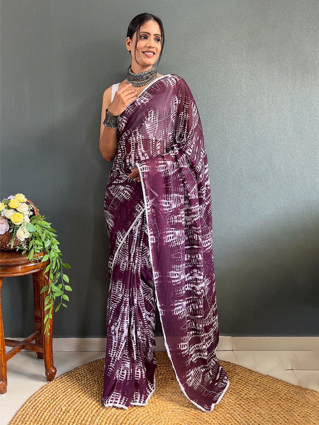 

Moda Rapido Tie and Dye Embroidered Pure Georgette Ready to Wear Saree, Purple