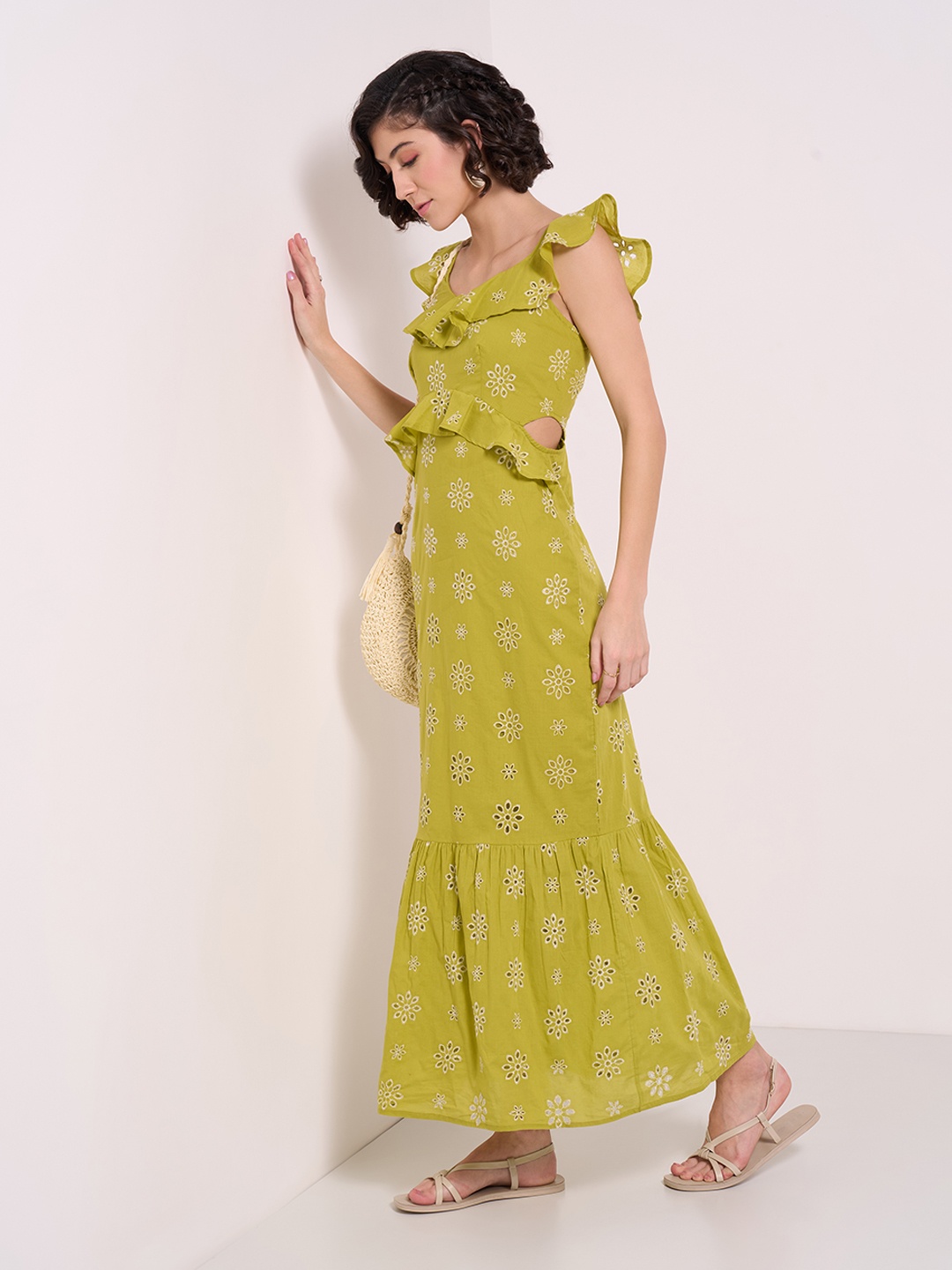 

Honey by Pantaloons Floral Flutter Sleeve Maxi Dress, Olive