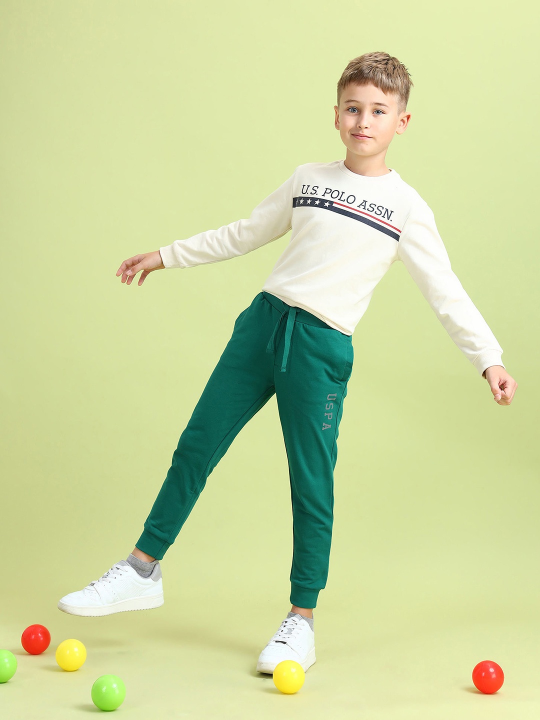 

U.S. Polo Assn. Kids Boys Brand Logo Printed Pure Cotton Joggers, Green