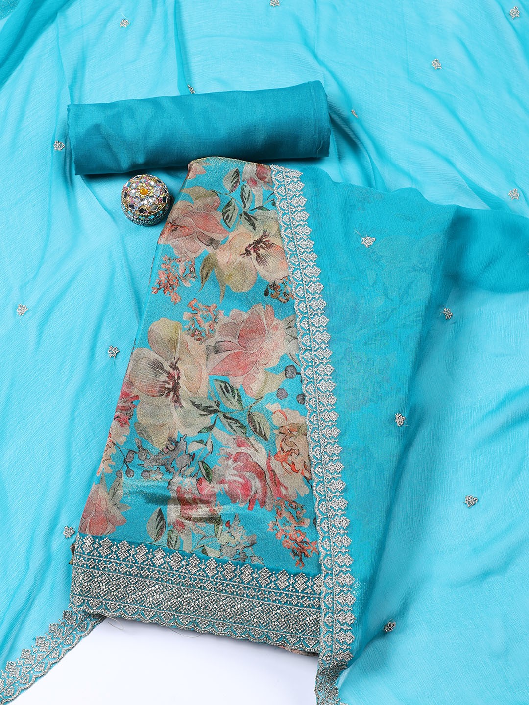 

Meena Bazaar Printed Unstitched Dress Material, Blue