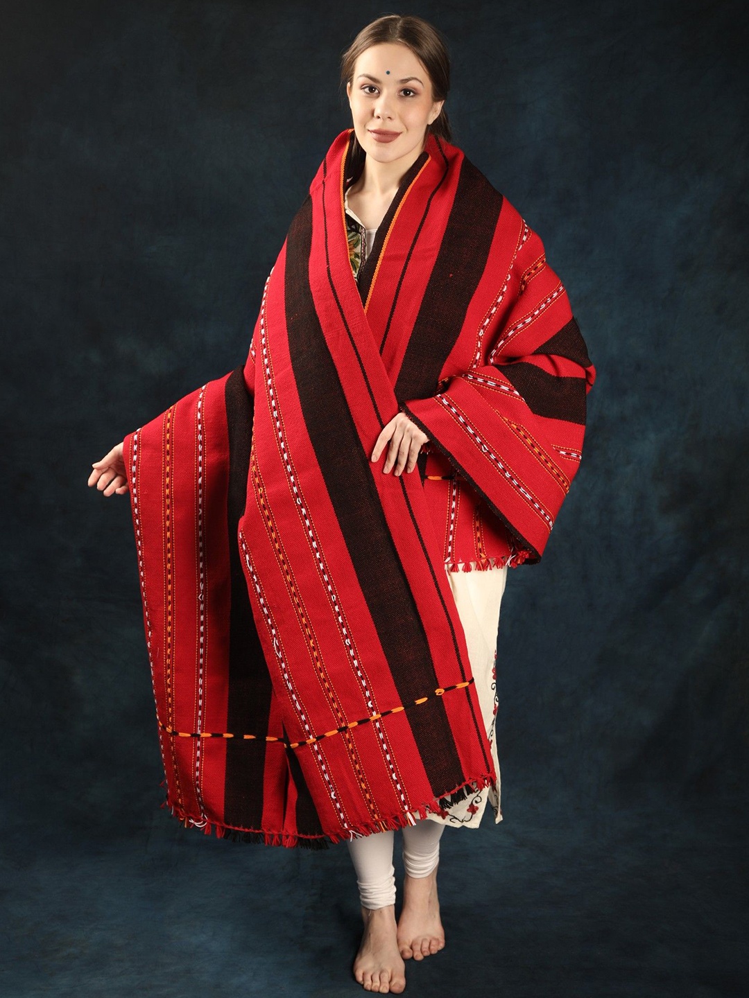 

Exotic India Women Striped Embroidered Shawl, Red