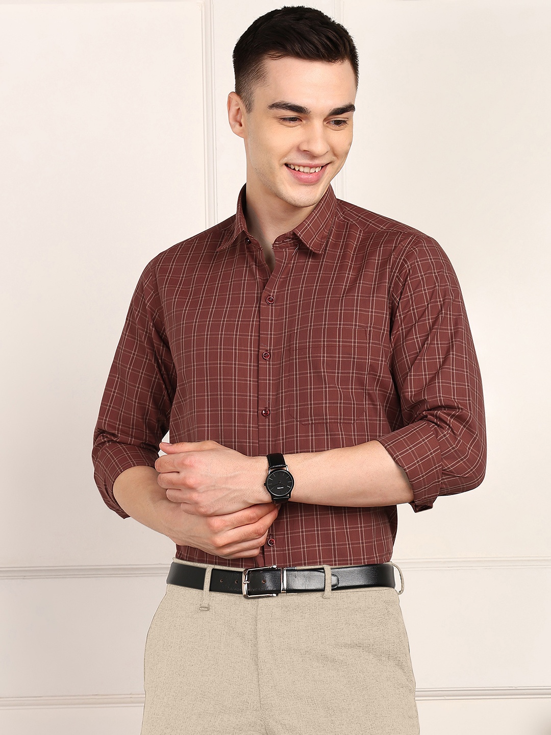 

PulseIQ Men Slim Fit Gingham Checks Opaque Checked Formal Shirt, Brown