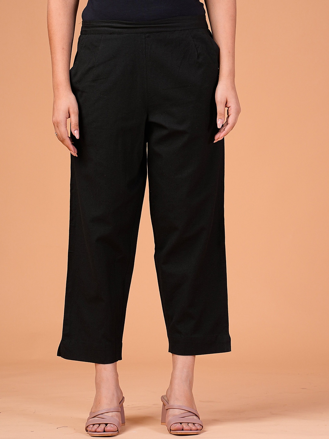 

GATIM Cotton Mid-Waist Straight Trousers With Pockets, Black