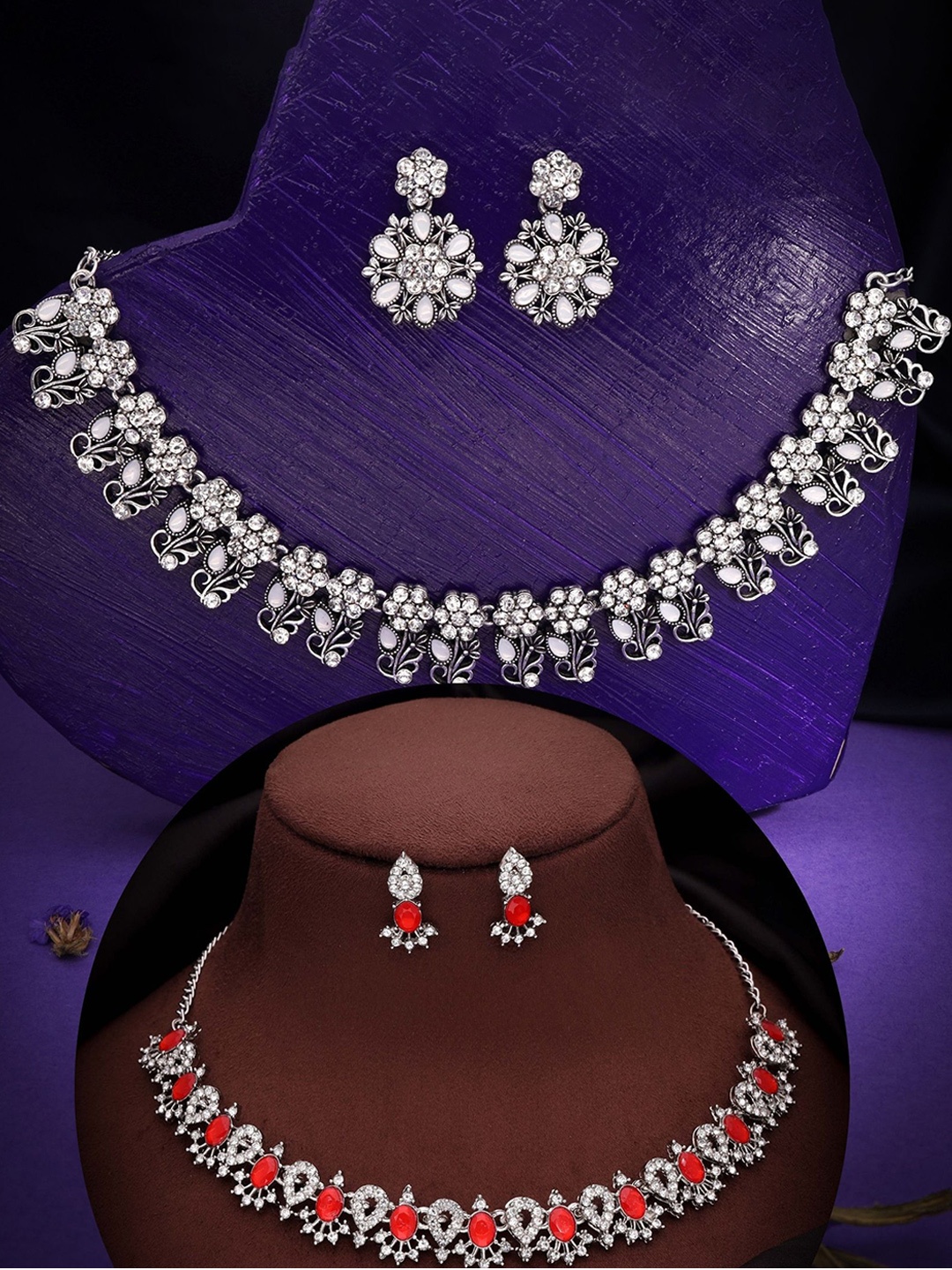 

DIVASTRI Set Of 2 Silver Plated American Diamonds Studded Jewellery Set