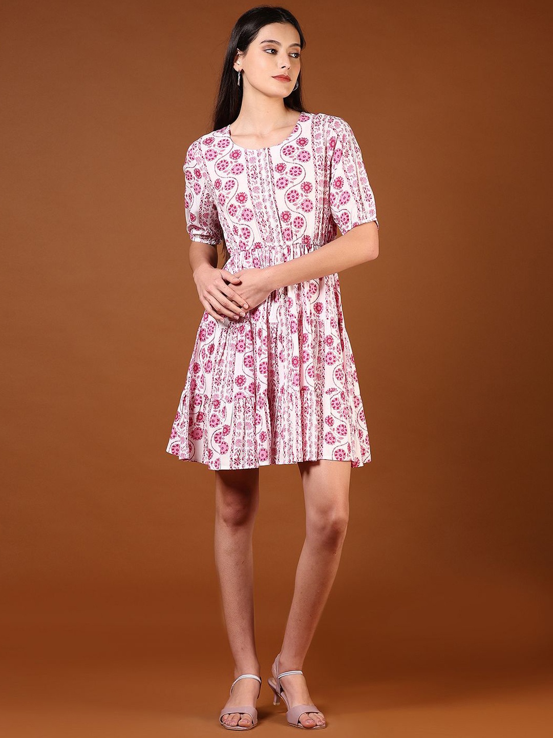 

V-Mart Ethnic Printed Round Neck Ethnic Dress, Pink