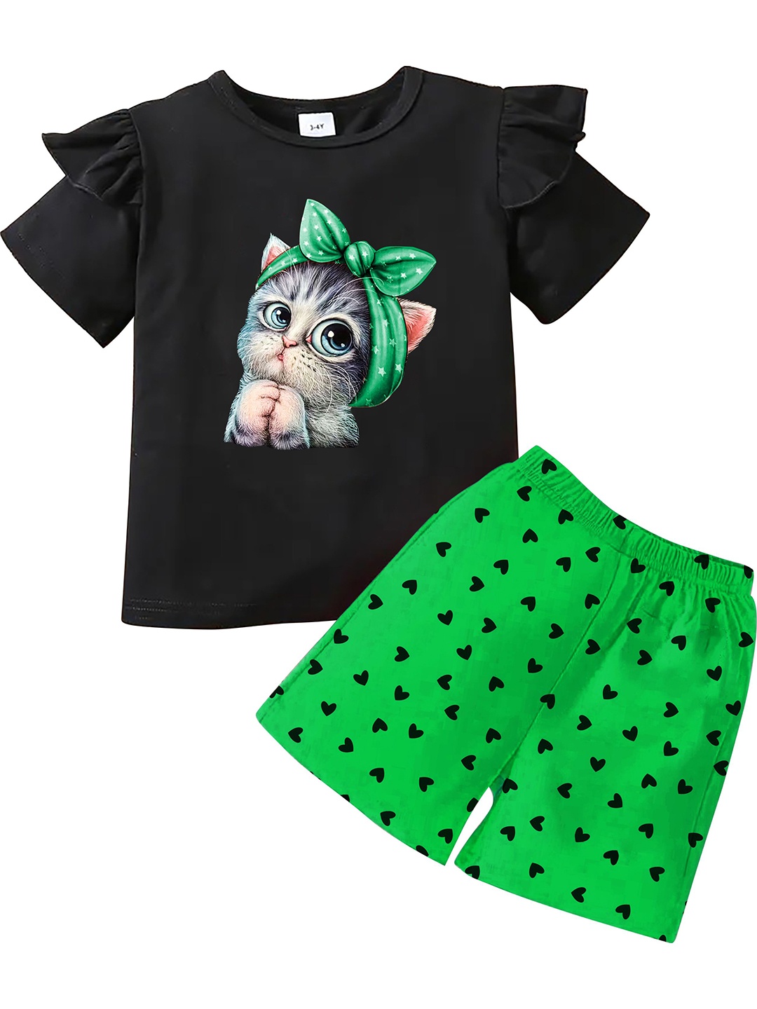 

KEESOR Girls Printed Round Neck Pure Cotton T-shirt With Shorts, Black