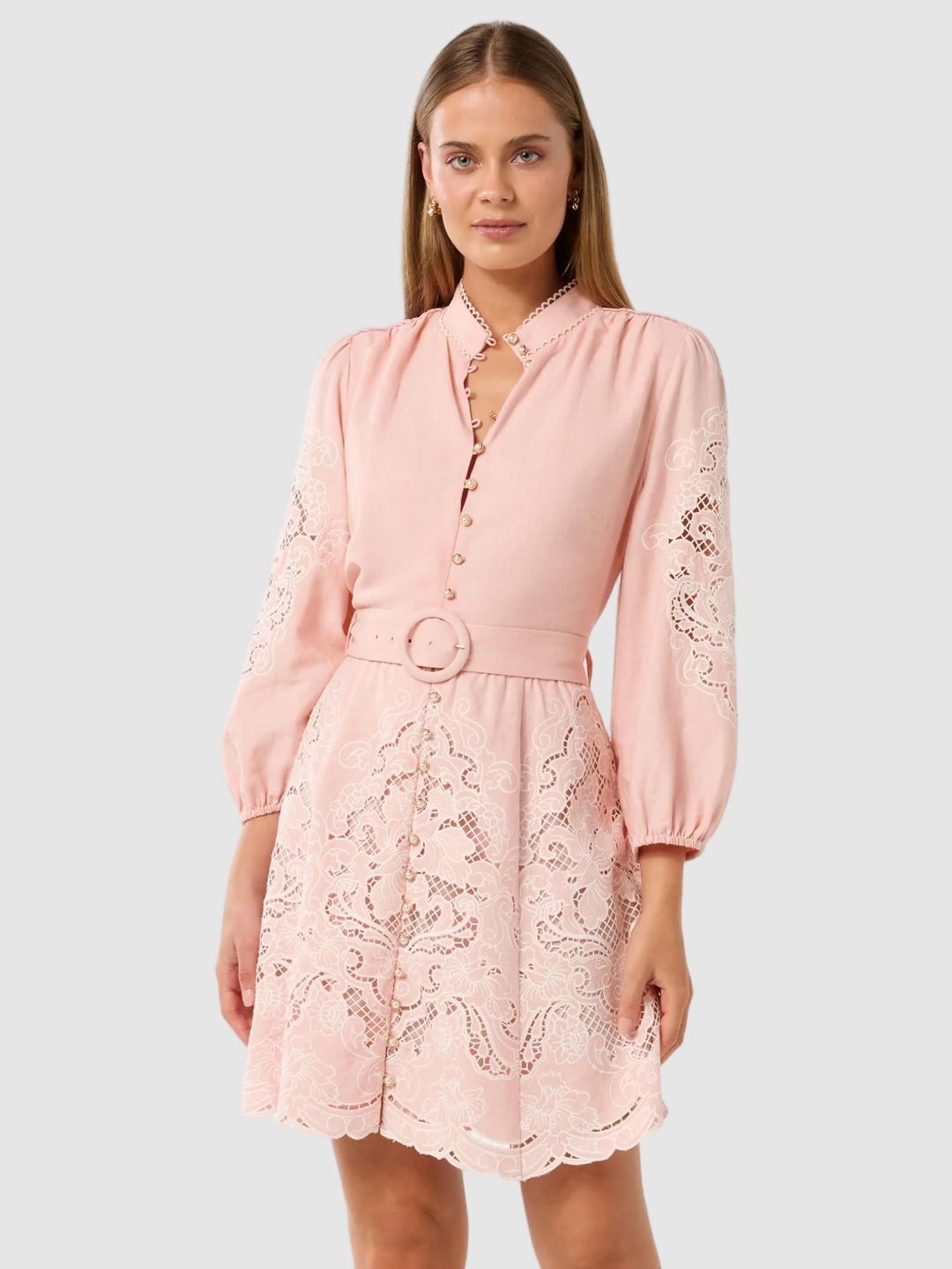 

Forever New Floral Embroidered Bishop Sleeve A-Line Mini Dress, Pink