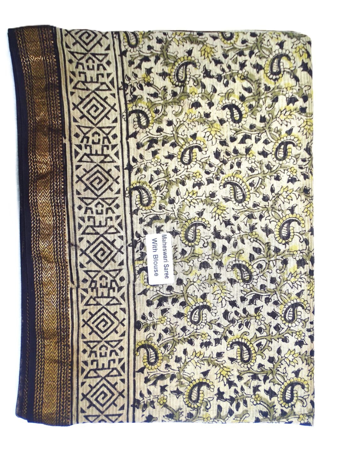 

SR HANDLOOMS AND TEXTILES Paisley Zari Pure Cotton Maheshwari Saree, White