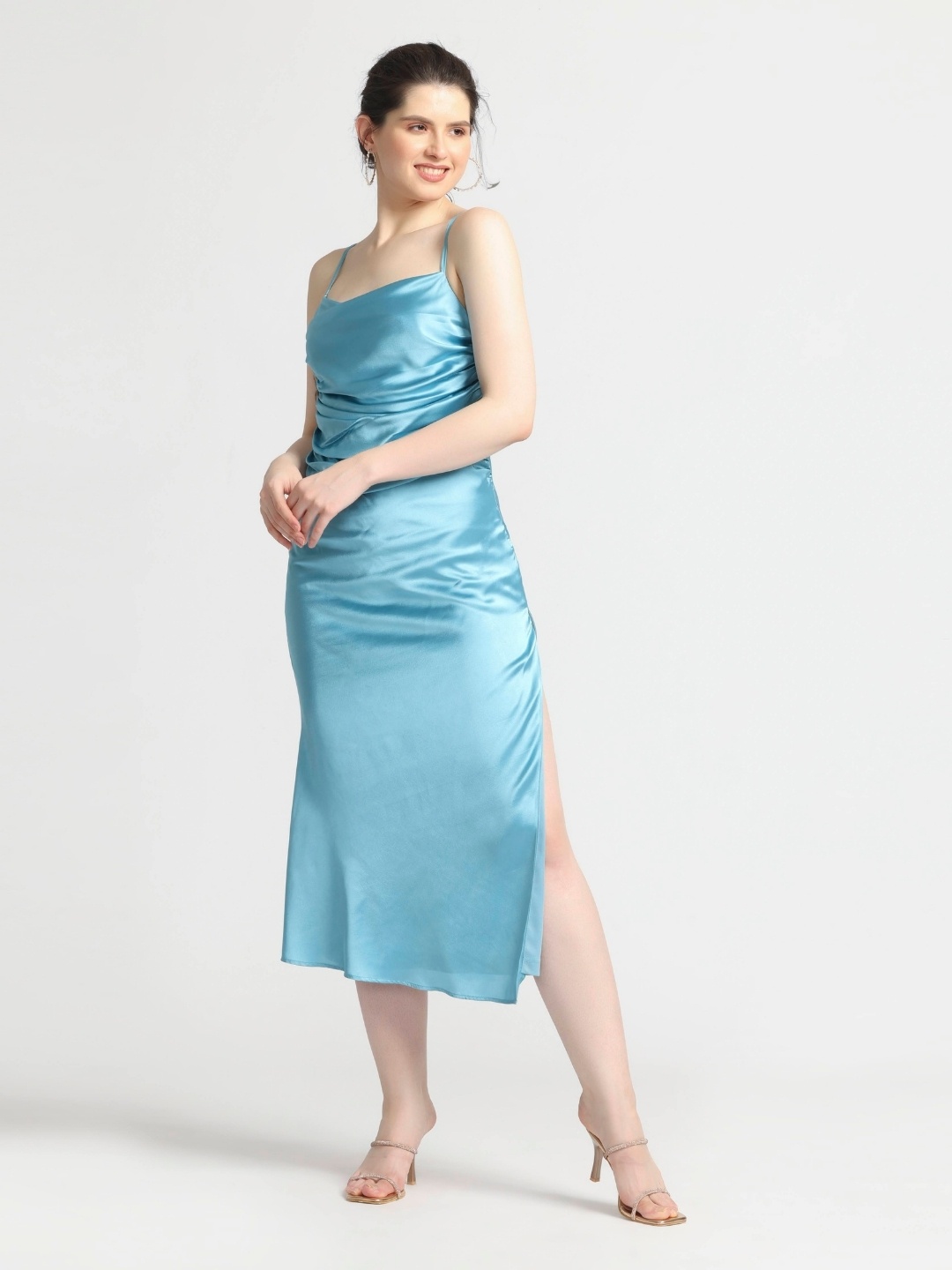 

JULO Cowl Neck Satin Sheath Midi Dress, Blue