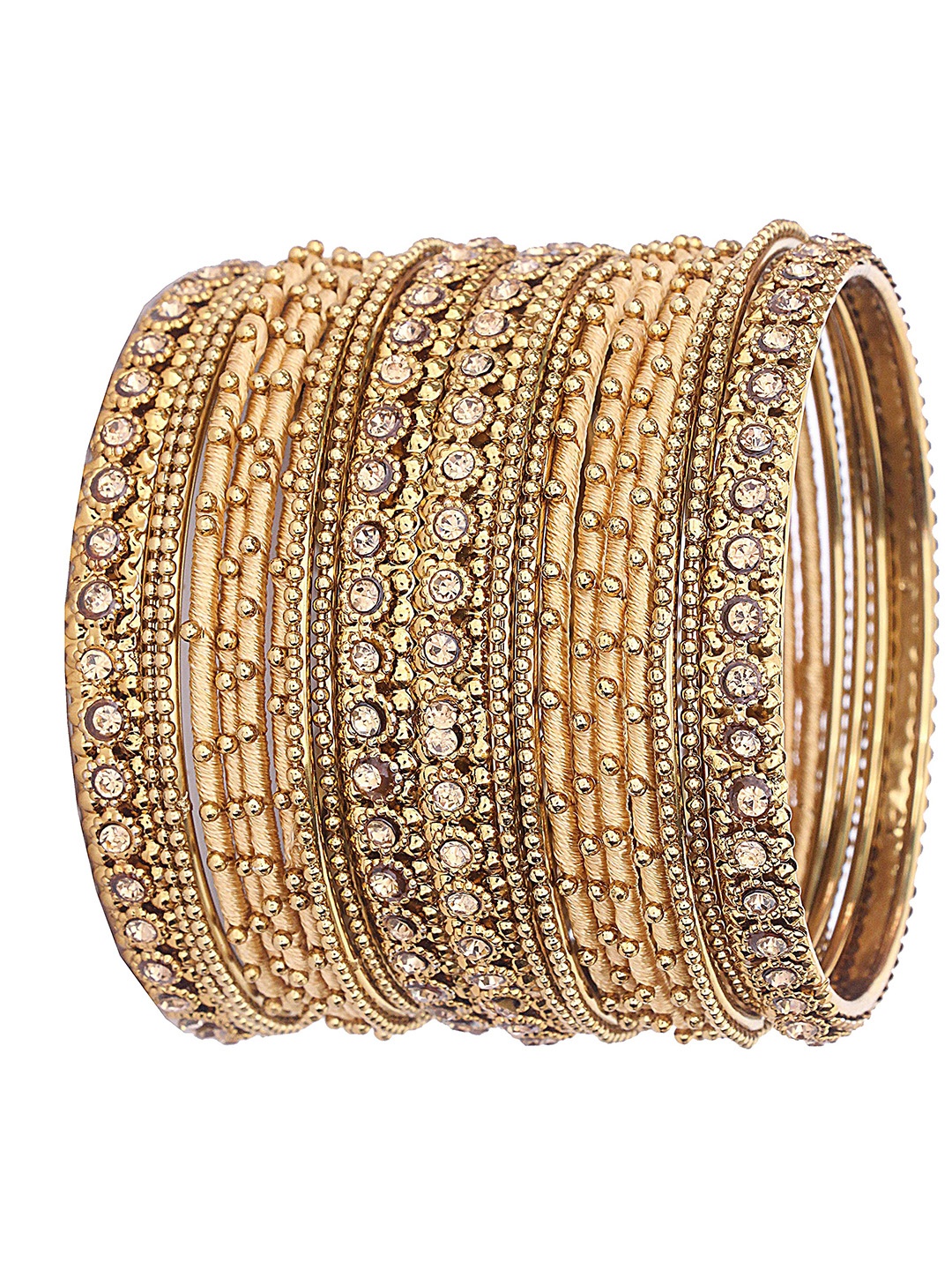 

ZULKA Set Of 20 Embellished Zircon Gemstone Studded And Beaded Bangles, Beige