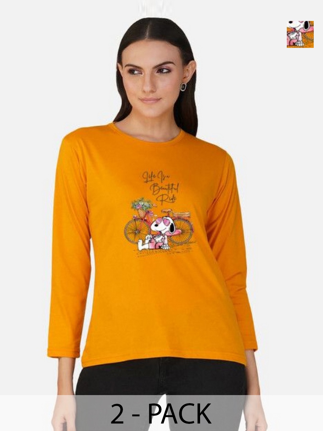 

Metronaut Women Pack of 2 Bio Finish Graphic Printed Round Neck Cotton T-shirts, Mustard