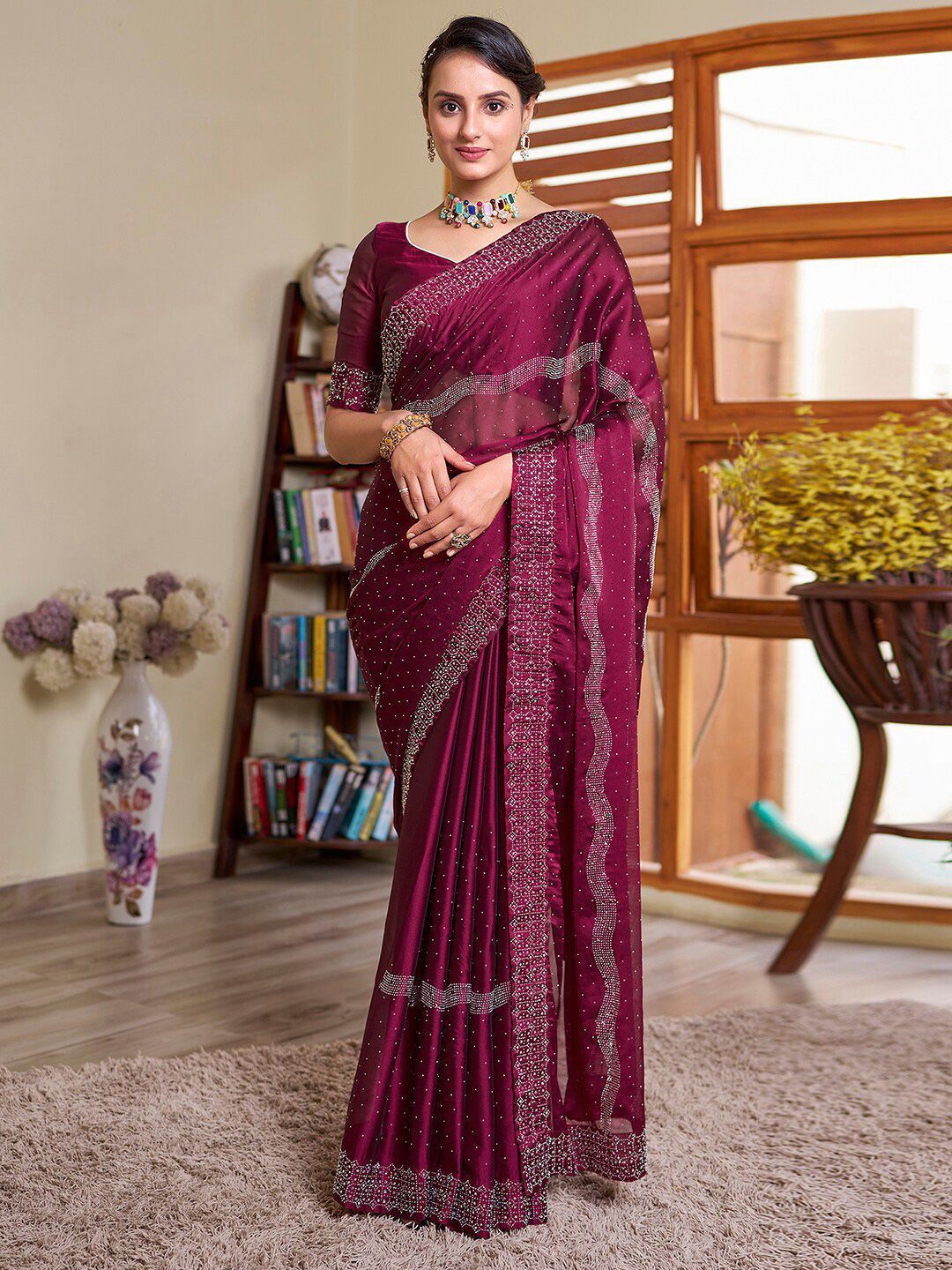 

DIVASTRI Embellished Beads and Stones Pure Georgette Saree, Pink