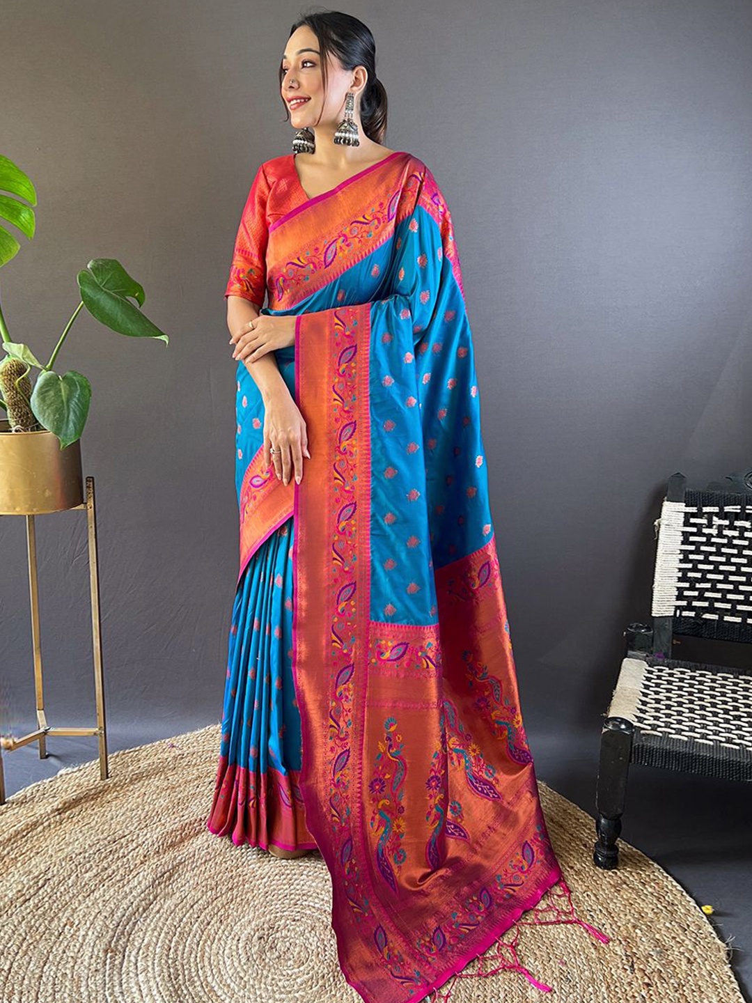 

all about you Woven Design Zari Silk Blend Paithani Saree, Blue