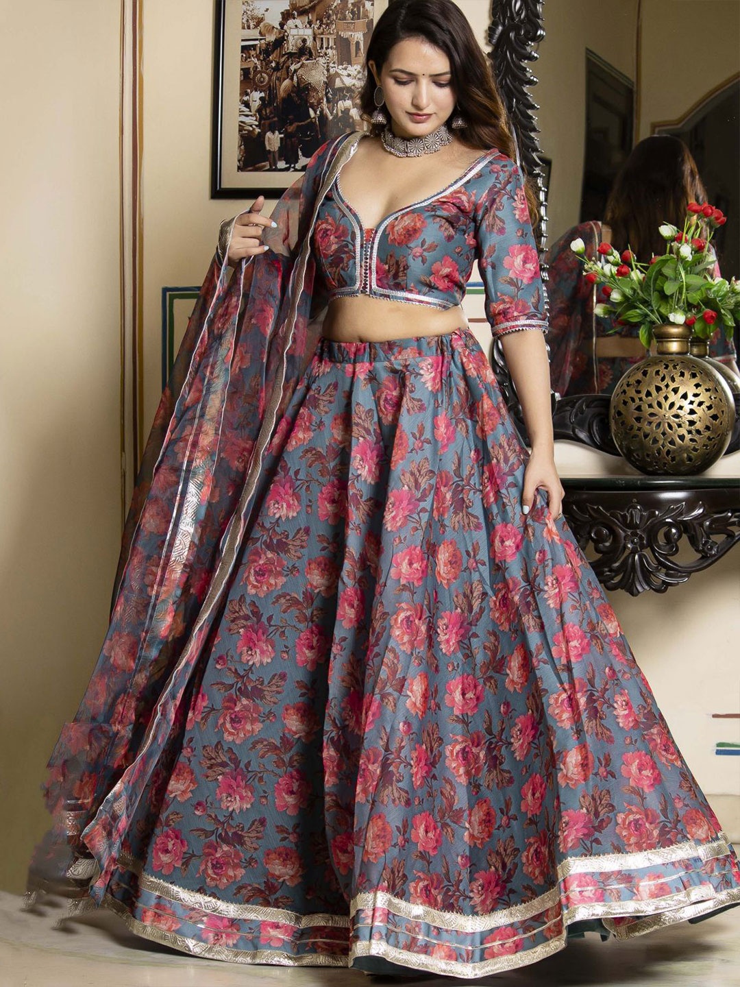 

Bannhi Printed Ready to Wear Lehenga & Blouse With Dupatta, Grey
