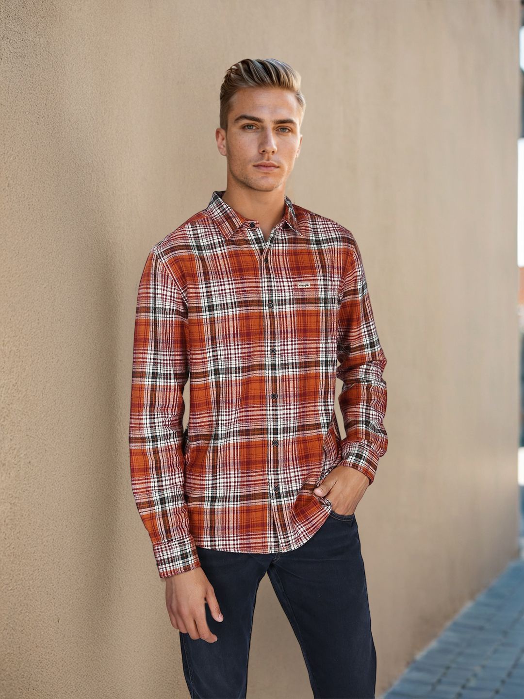 

Wrangler Men Opaque Checked Casual Shirt, Orange