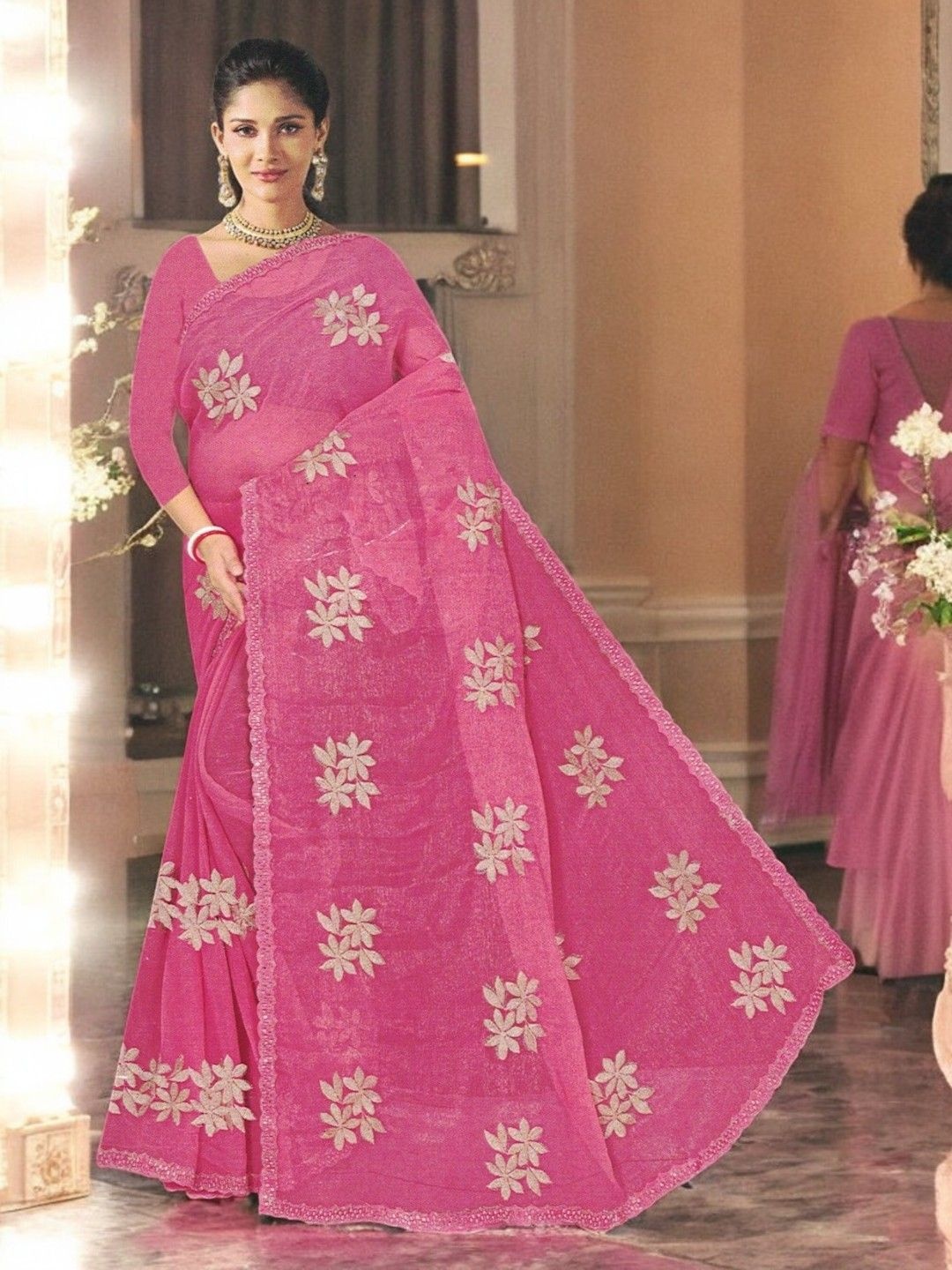 

SHOPPKEE Floral Mirror Work Supernet Chanderi Saree, Coral