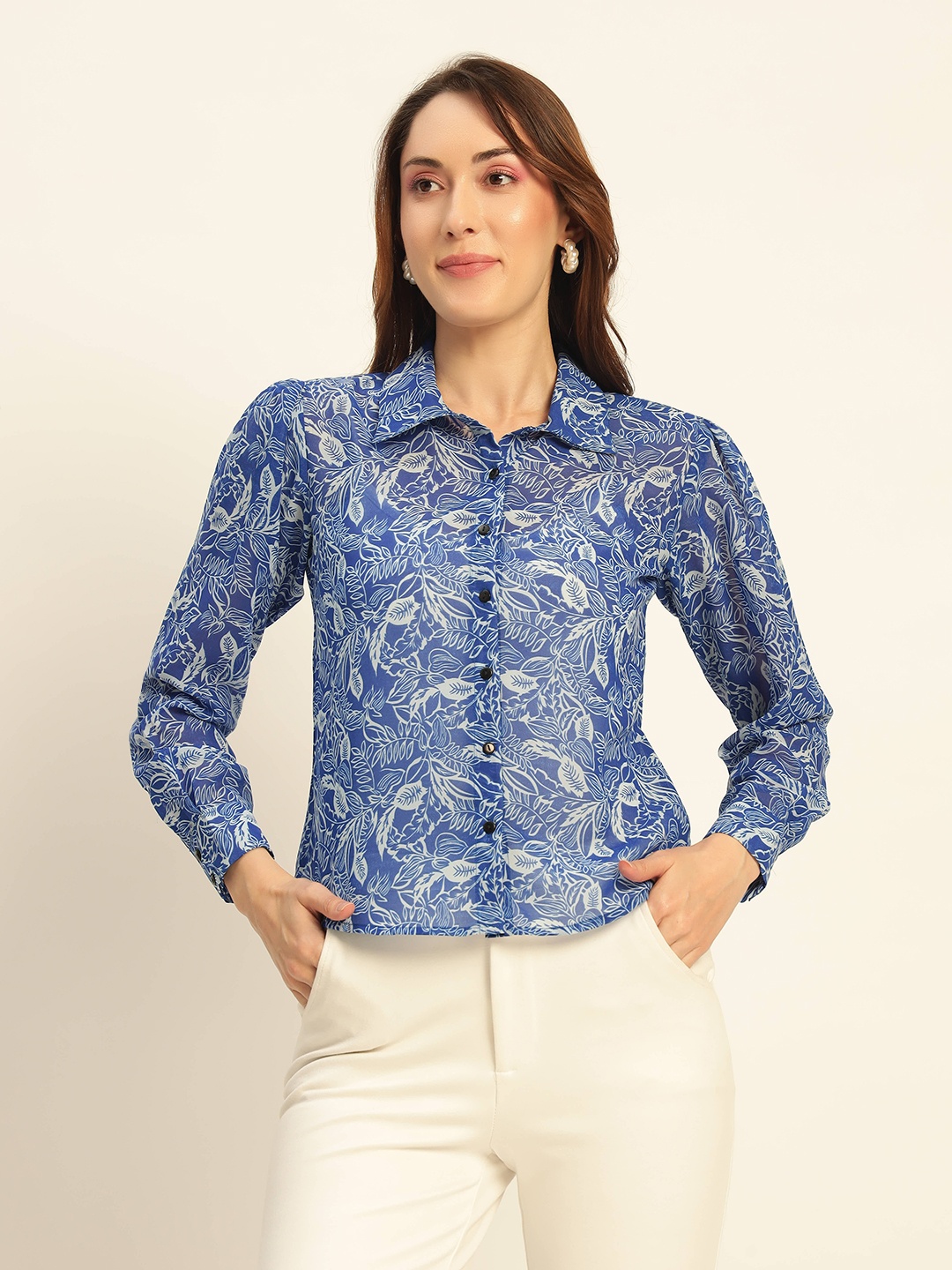 

Chemistry Women Premium Floral Semi Sheer Printed Party Shirt, Blue