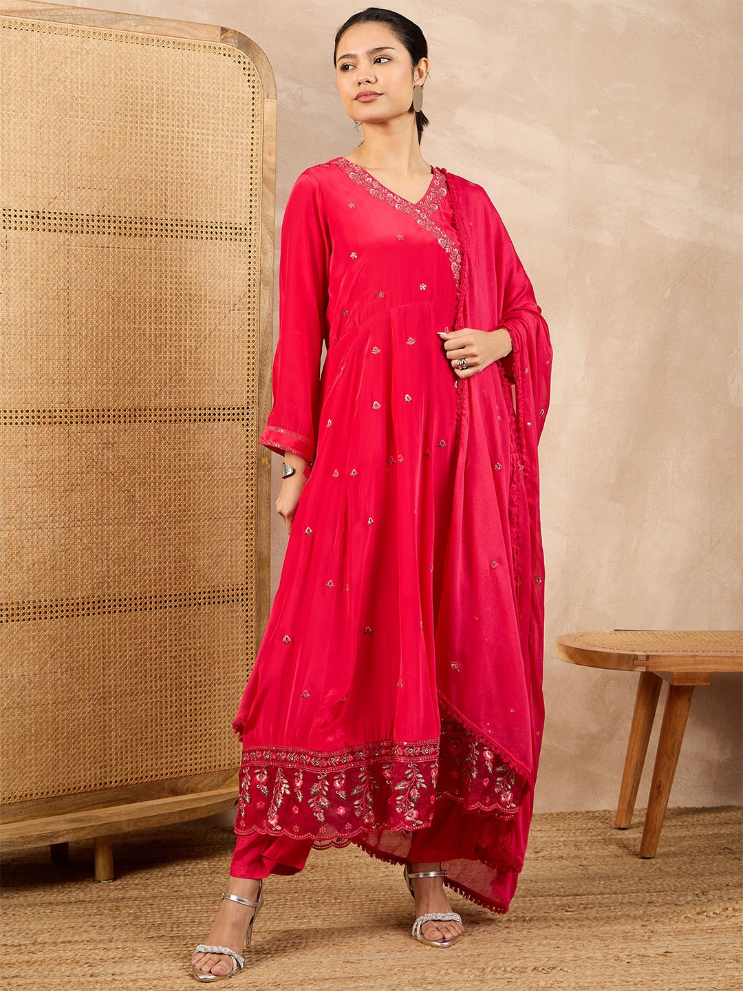 

CHETI Women Floral Embroidered Angrakha Beads and Stones Silk Crepe Kurta with Trousers & With Dupatta, Red