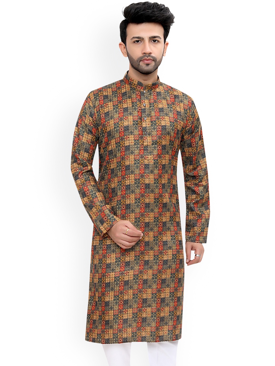 

Authentics Geometric Printed Mandarin Collar Chikankari Cotton Straight Kurta, Yellow