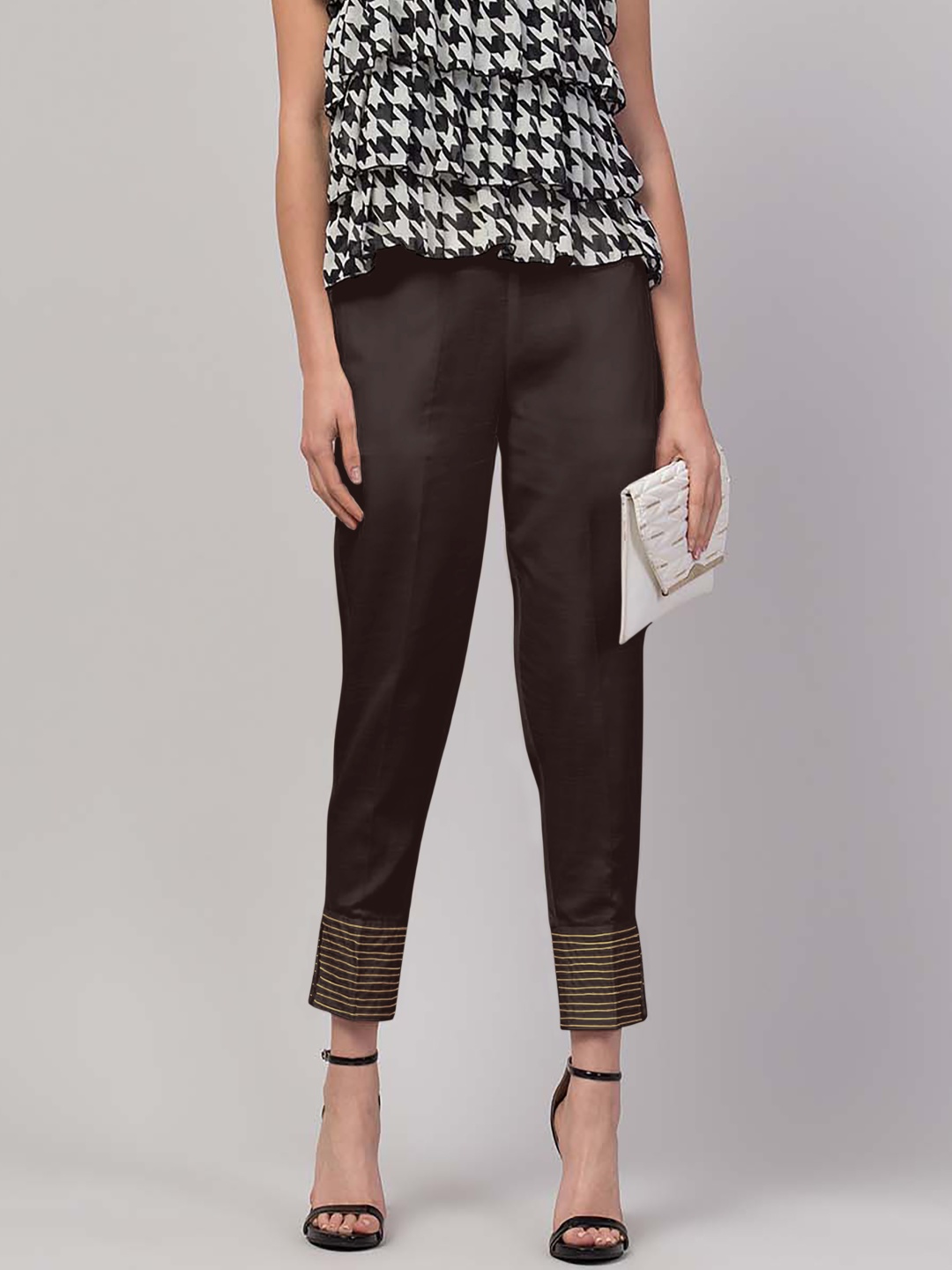 

FLOREOS Women Textured Embroidered Comfort Easy Wash Trousers, Coffee brown