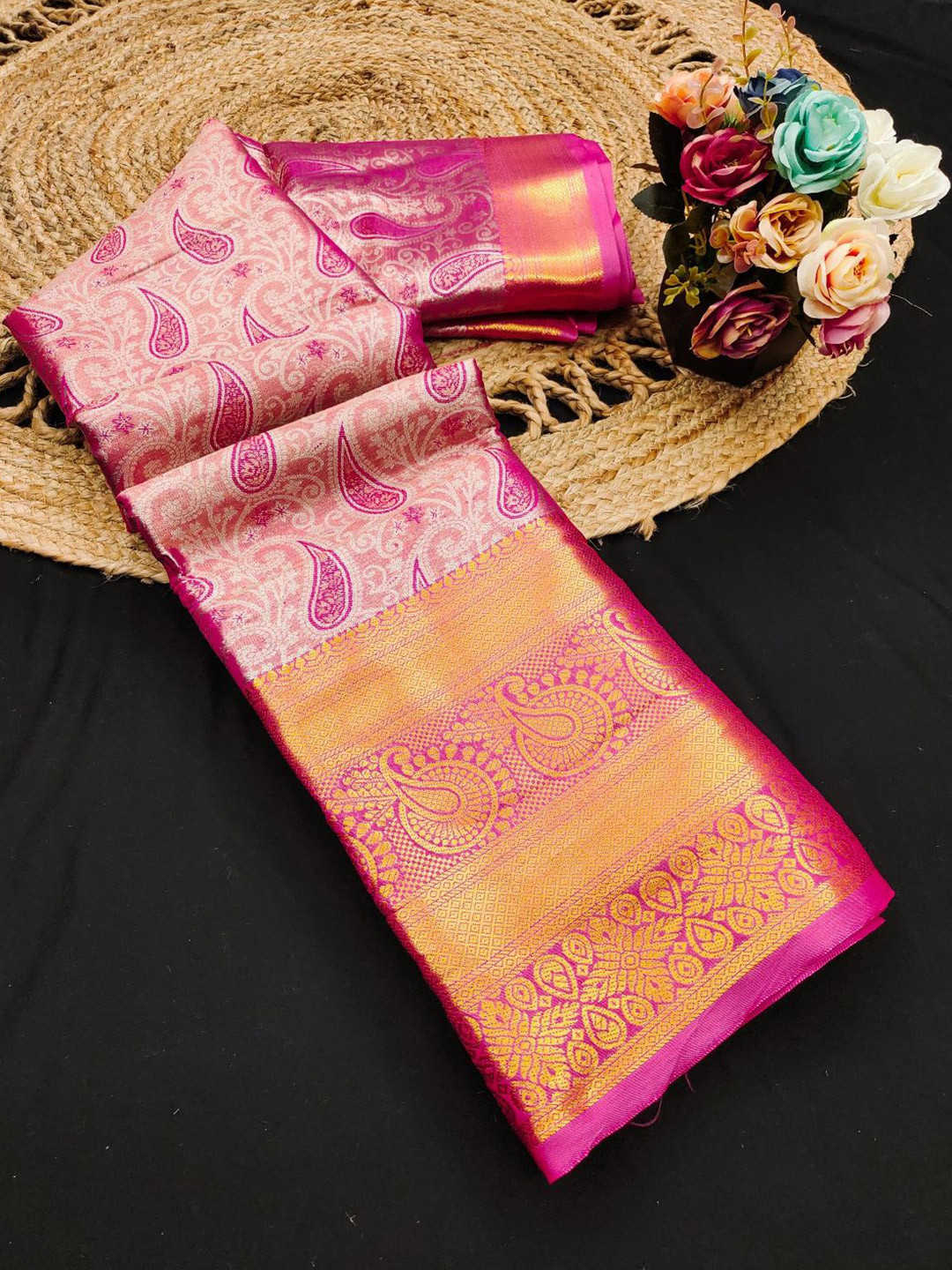

Mitera Woven Design Zari Pure Silk Kanjeevaram Saree, Pink
