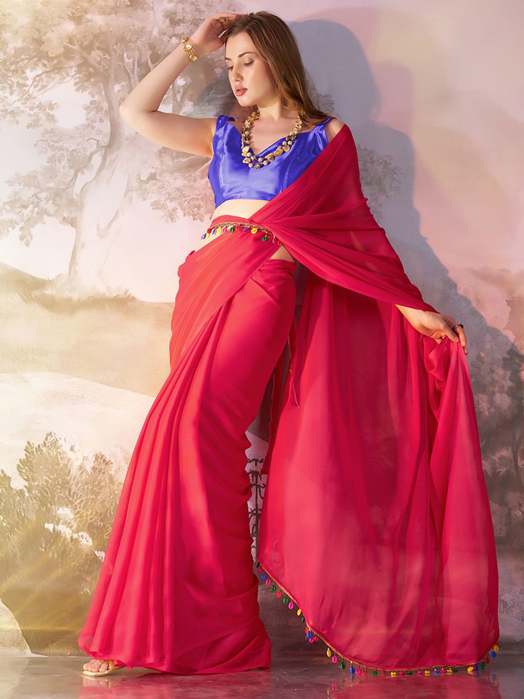 

modeva Pure Chiffon Ready to Wear Saree, Pink