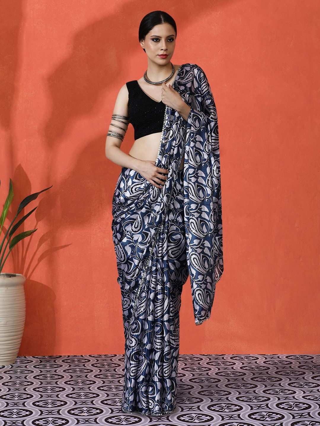 

Sangria Mirror Work Floral Printed Digital Printed Satin Saree With Blouse Piece, Blue