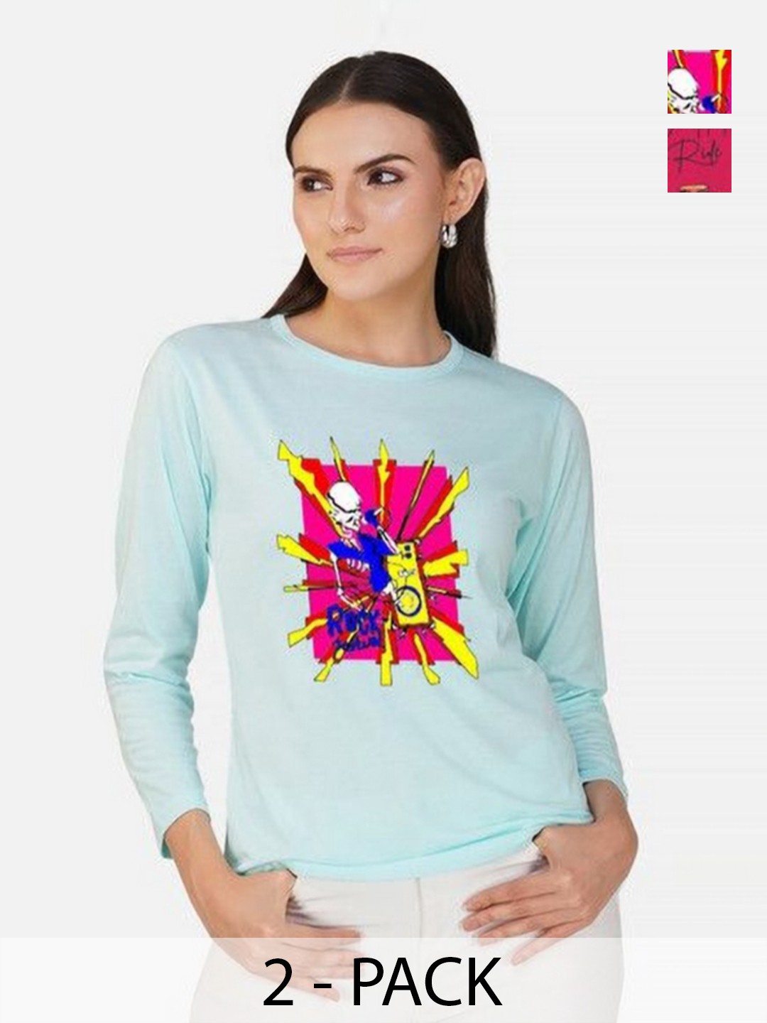 

Metronaut Women 2 Printed Bio Finish Applique T-shirt, Turquoise blue