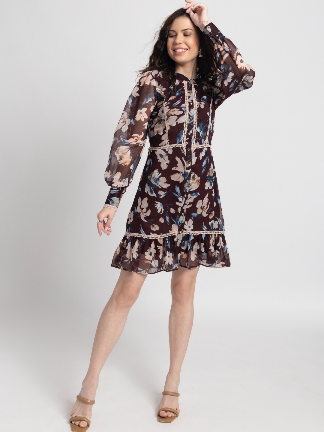 

JULO Floral Print Chiffon A-Line Mini Dress, Brown