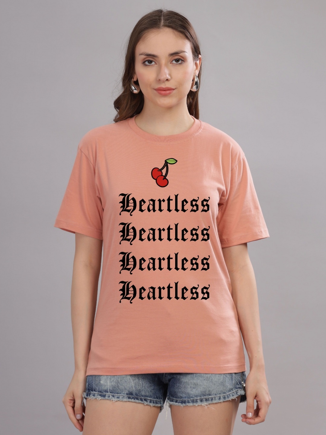 

FALTU.CO Women Printed Drop-Shoulder Sleeves Pure Cotton T-shirt, Peach
